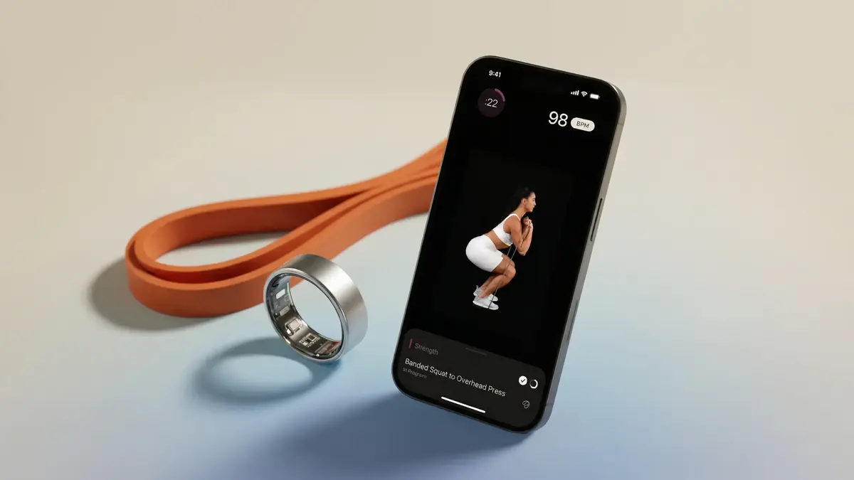 AlterMe app, silver biometric ring, and resistance band