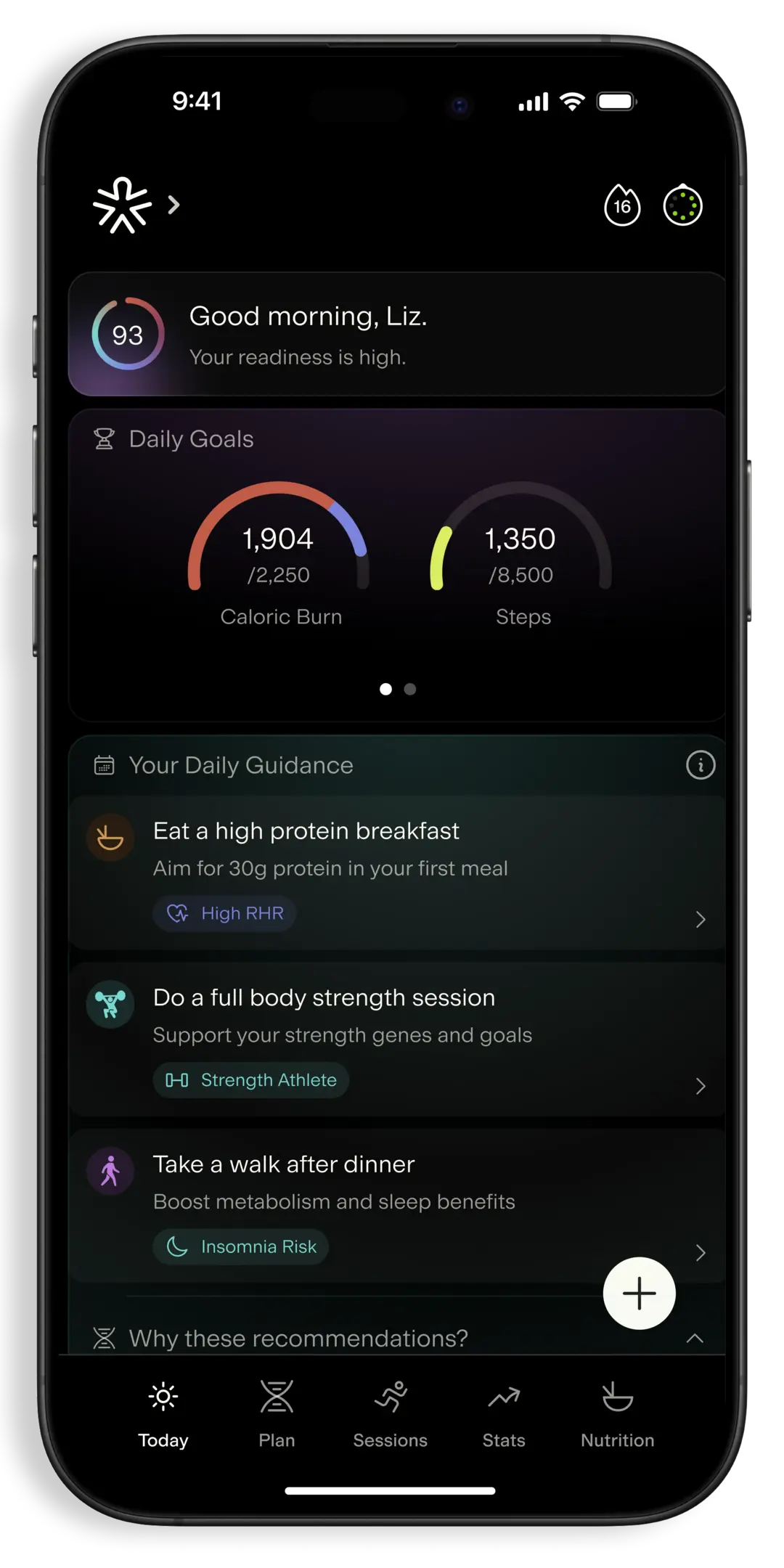 AlterMe app showing morning readiness score and recommended workout