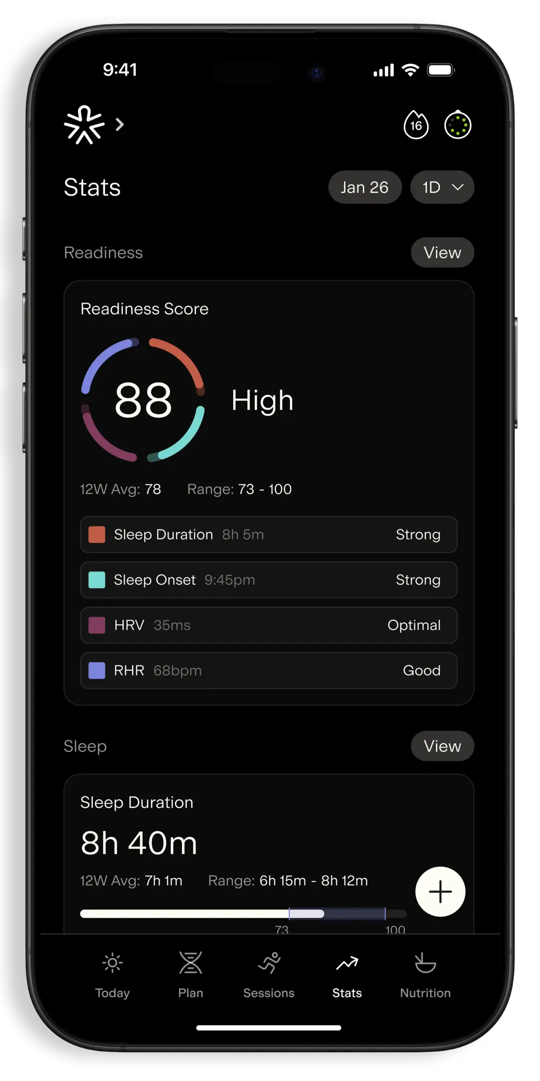 AlterMe app showing biological stats from sleep including readiness score and sleep