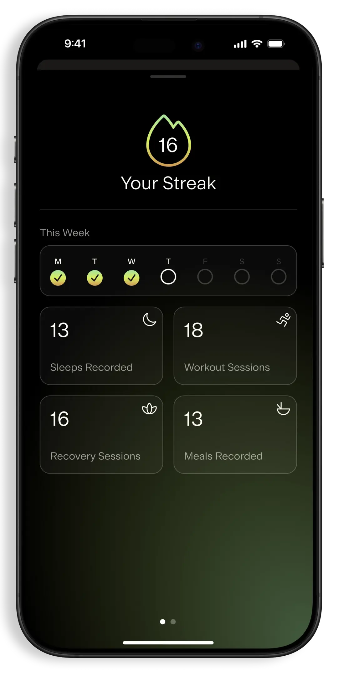 AlterMe app showing a users usage streak. Including total sleeps recorded, workout sessions, recovery sessions and meals recorded